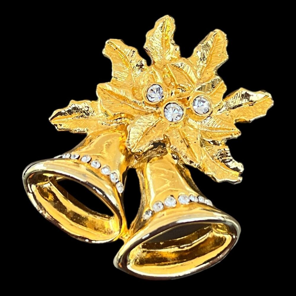 Vintage 1980s Christmas Bell Brooch Gold Tone Crystals - 2B